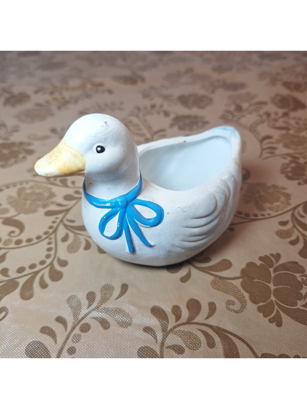 Vintage Ceramic Goose with Blue Bow Planter Cottagecore 8.5"H X 7"W X 5"D